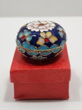 NIB Vintage Round Cloisonne Brass Trinket Box 1 5/8" Diameter